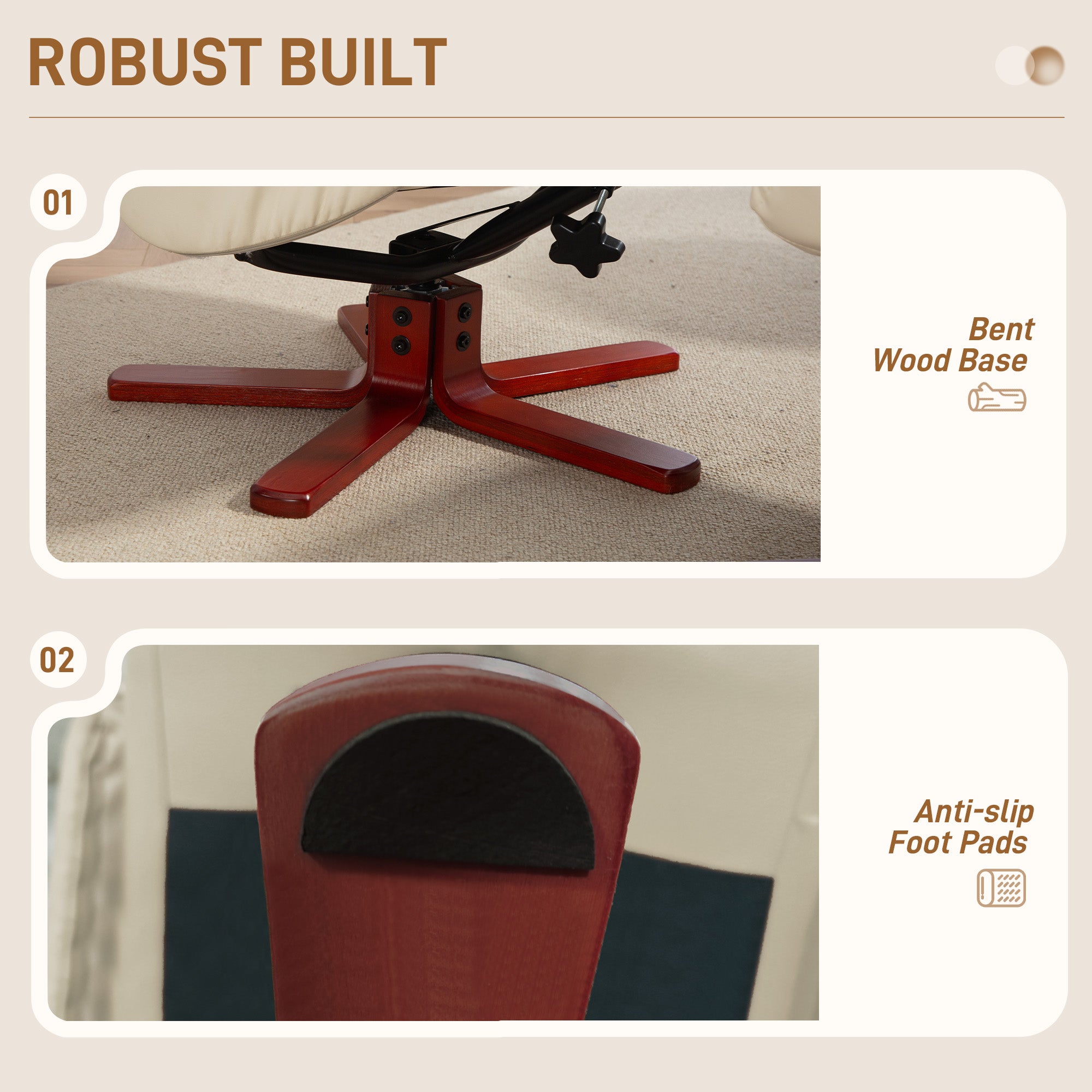 HOMCOM Rocking Recliner Chair with Footstool, PU Leather Recliner Armchair with Wood Base, Upholstered Reclining Chair for Living Room Bedroom, Cream