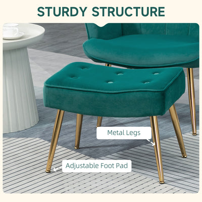 HOMCOM Modern Armchair with Footstool, Upholstered Accent Chair with Ottoman, Steel Legs, Velvet Wingback Chair for Living Room, Bedroom, Home Study, Dark Green 