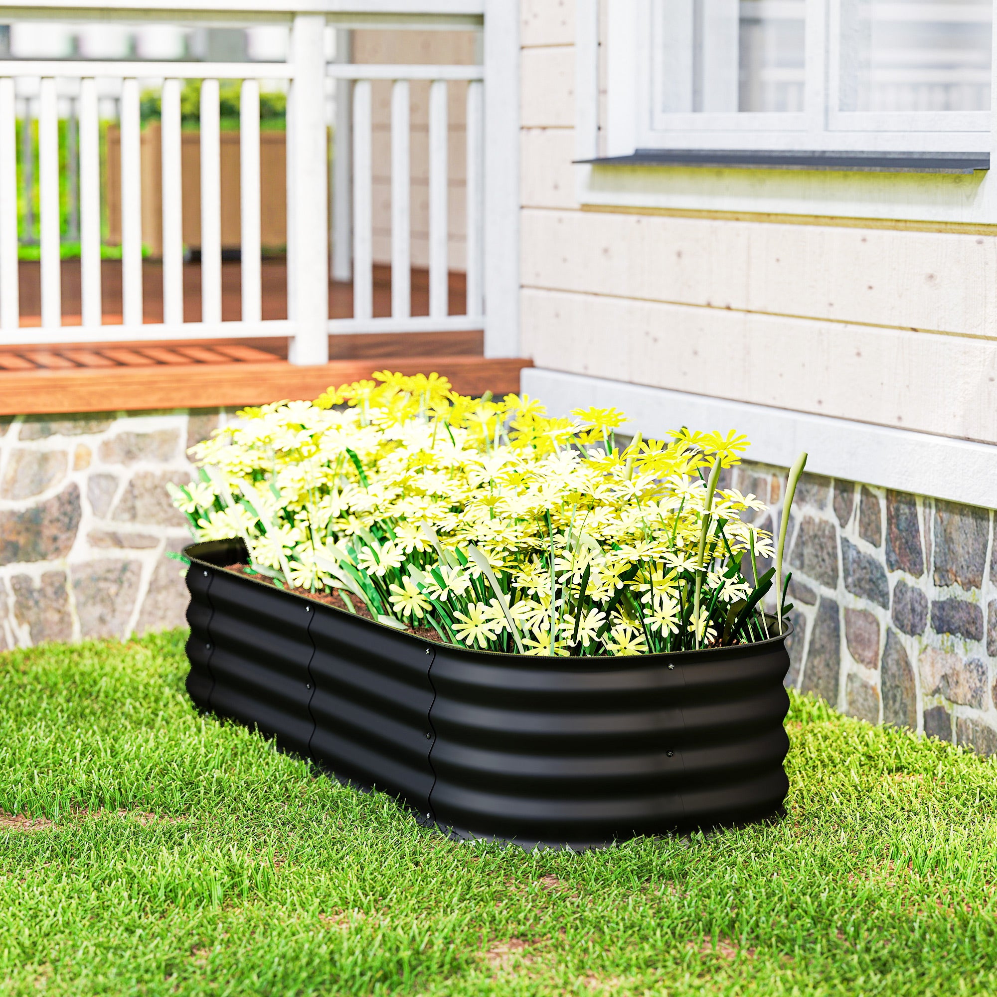 Outsunny Galvanised Raised Garden Bed, Metal Planter Box with Safety Edging, for Flowers, Herbs, Succulents, Black 