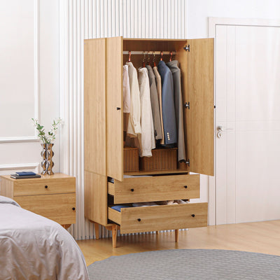 HOMCOM Wardrobe with 2 Doors, 2 Drawers, Hanging Rail for Bedroom Clothes Storage Organiser, 80x52x180cm, Natural Tone 
