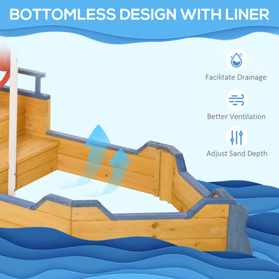 Outsunny Sand pit Kids Children Sandpit Wooden Pirate Ship Sandboat Outdoor Backyard Playset w/Bench Bottom Liner 