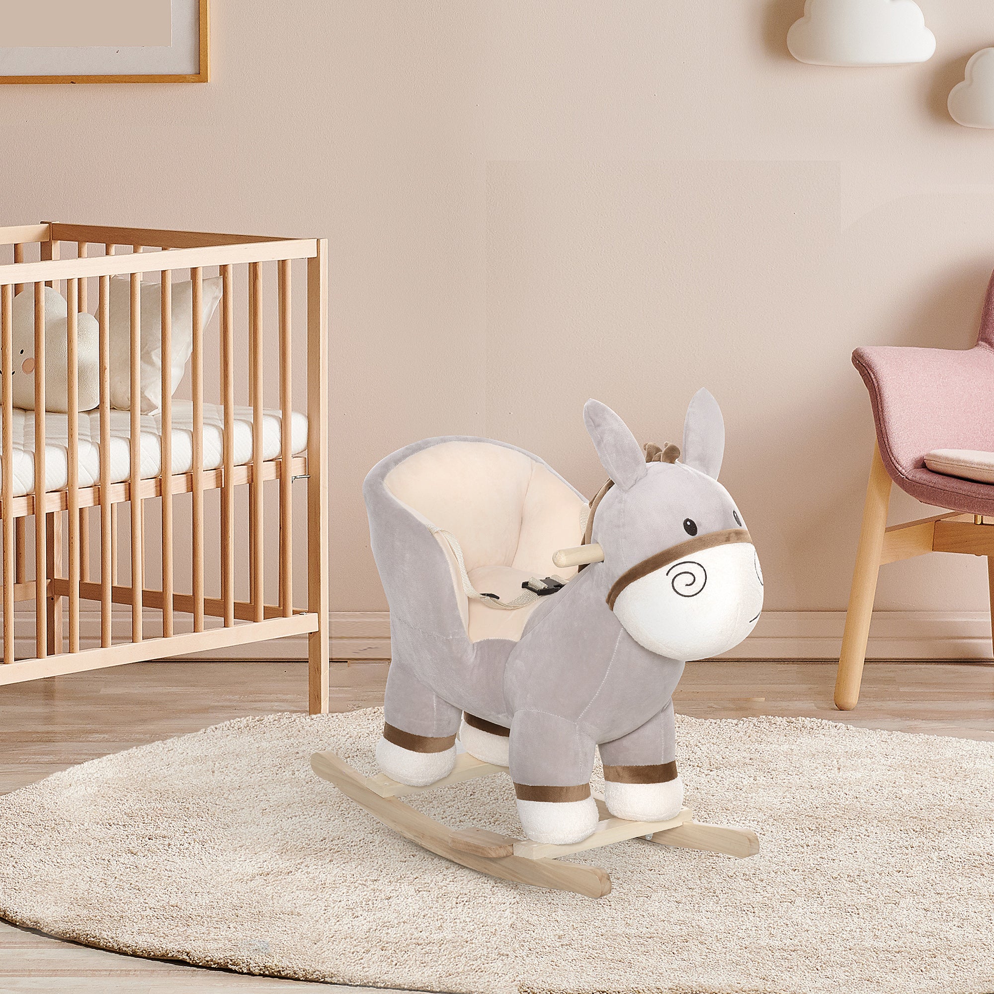 HOMCOM Kids Children Rocking Horse Plush Ride On Donkey Seat w/ Sound Wood Base Seat Safety Belt Toddler Baby Toy Rocker Grey 18 - 36 Months 