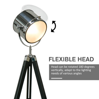 HOMCOM Industrial Style Adjustable Tripod Floor Lamp, Searchlight Lamp with Wooden Legs and Steel Lampshade, 110-155cm, Black 