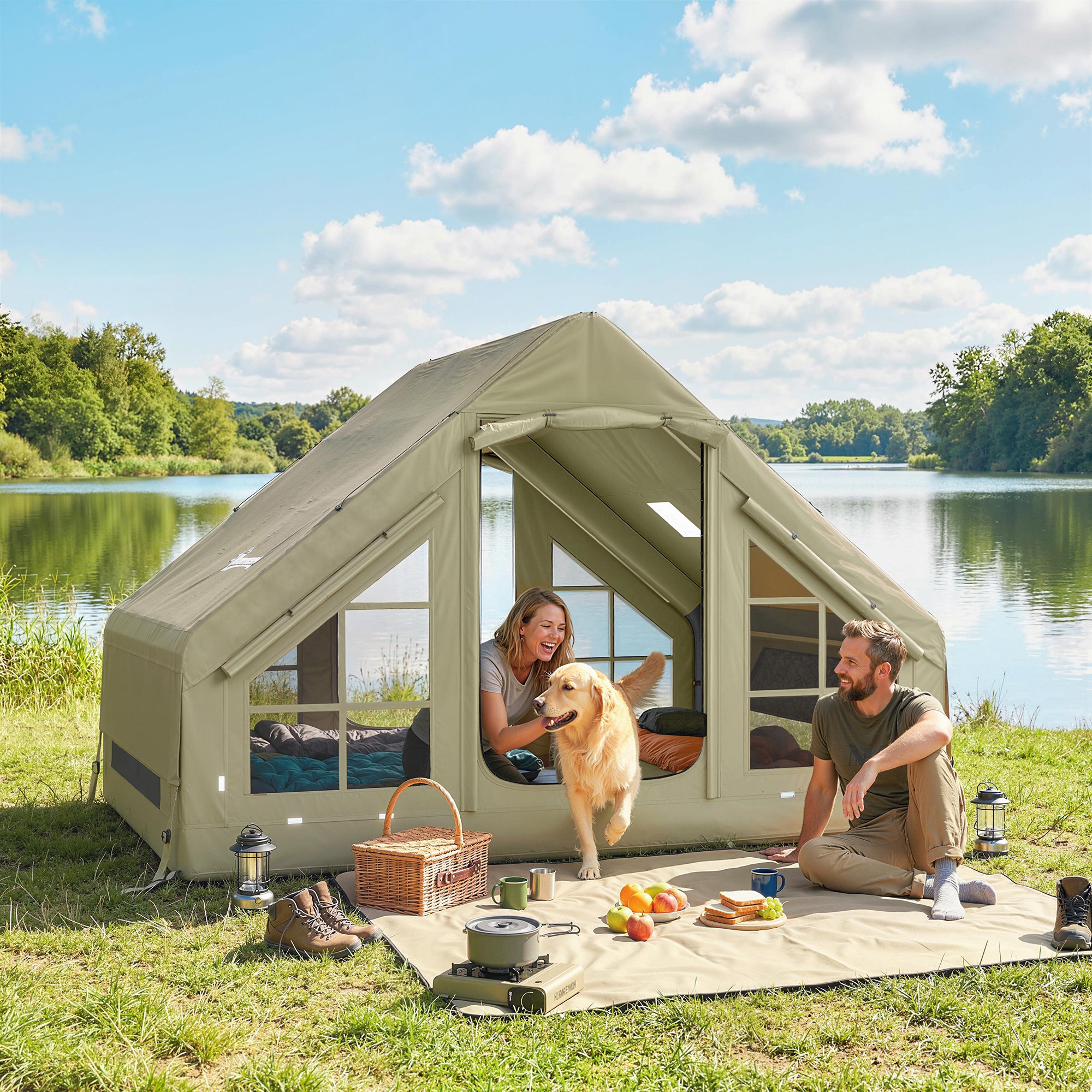 Outsunny Inflatable Camping Tent with Pump and Stove Jack Hole, Luxury Inflatable Tent with Mesh Windows, Doors, Olive Green 