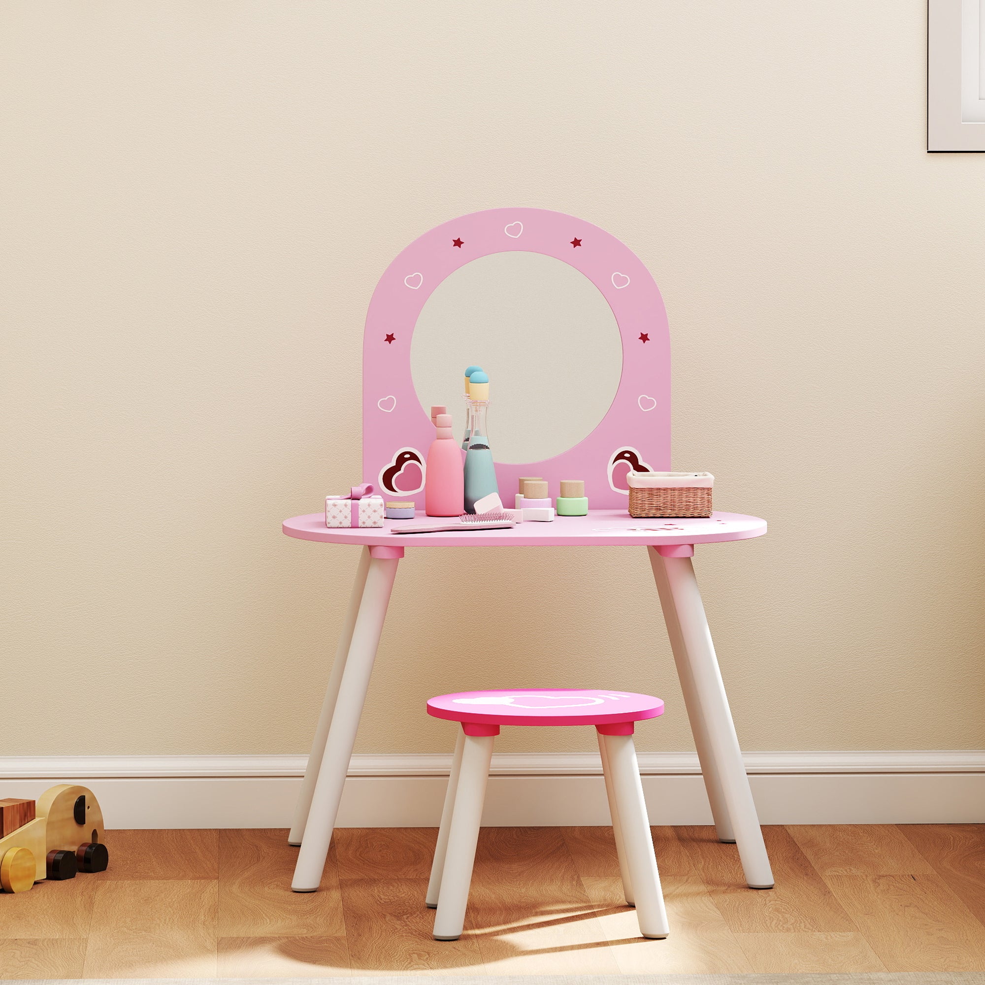 AIYAPLAY Kids Dressing Table with Mirror and Stool, Girls Vanity Set for Kids Room, Bedroom, Nursery, for Ages 3–6 Years, Pink 
