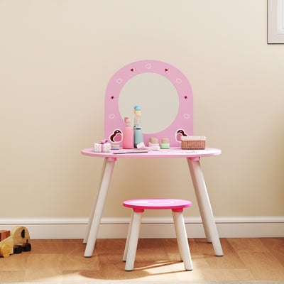 AIYAPLAY Kids Dressing Table with Mirror and Stool, Girls Vanity Set for Kids Room, Bedroom, Nursery, for Ages 3–6 Years, Pink 
