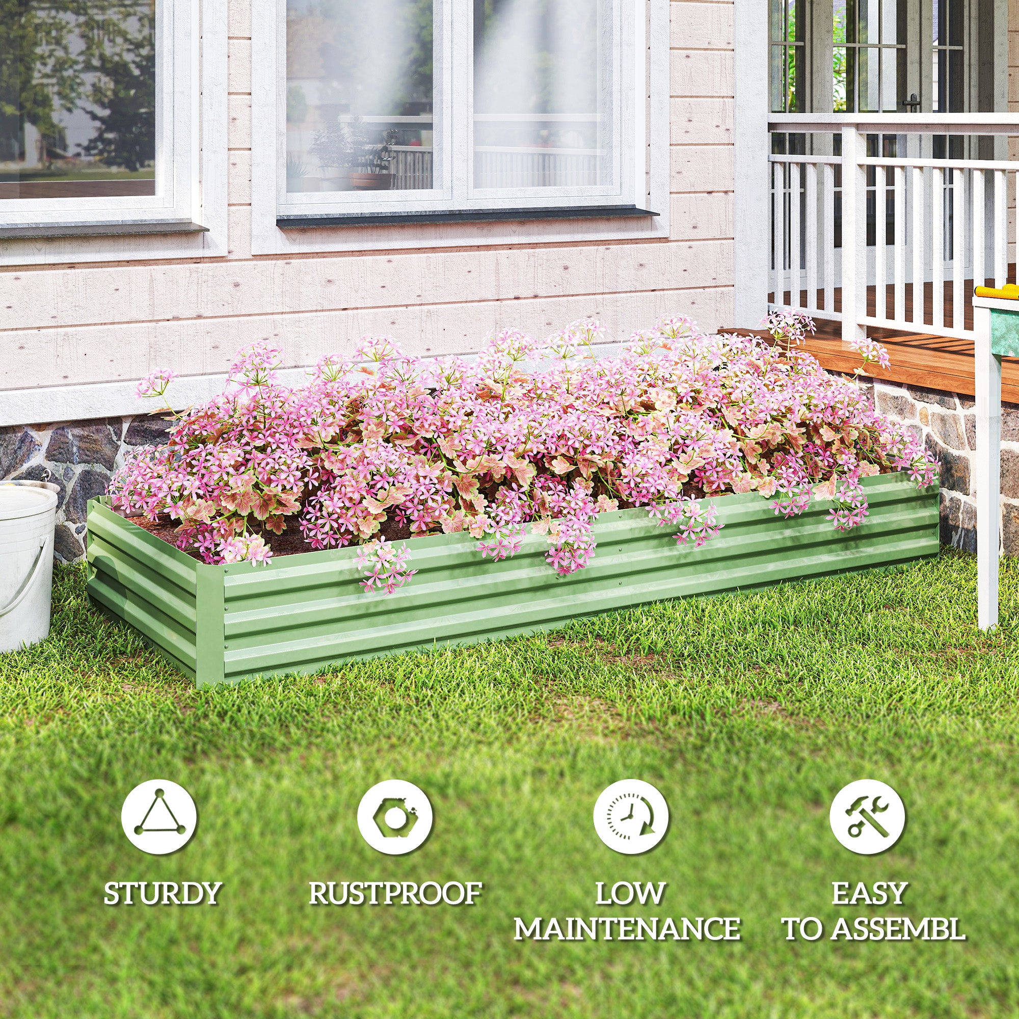 Outsunny Metal Raised Garden Bed Planter Box Outdoor Planters for Growing Flowers, Herbs, Green, Light Green 