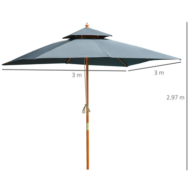 Outsunny 3 x 3 metre Patio Parasol Garden Umbrellas Sunshade Outdoor Wooden Parasol Canopy Double Tier, Dark Grey, BASE NOT INCLUDED 