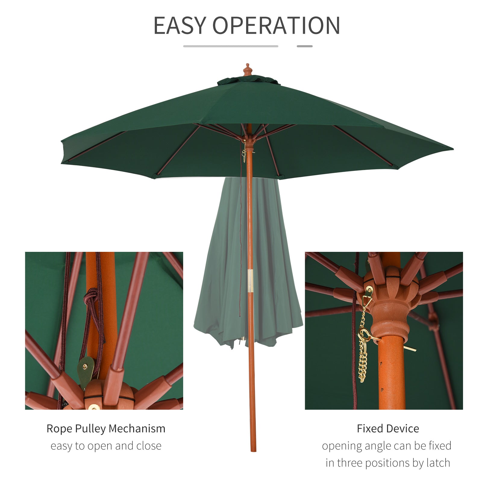 Outsunny 2.5m Garden Parasol Umbrella, Outdoor Market Table Umbrella with Wooden Pole & 8 Fibre Glass Ribs, Round Sun Shade Canopy, Green 