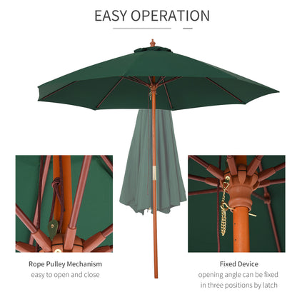 Outsunny 2.5m Garden Parasol Umbrella, Outdoor Market Table Umbrella with Wooden Pole & 8 Fibre Glass Ribs, Round Sun Shade Canopy, Green 