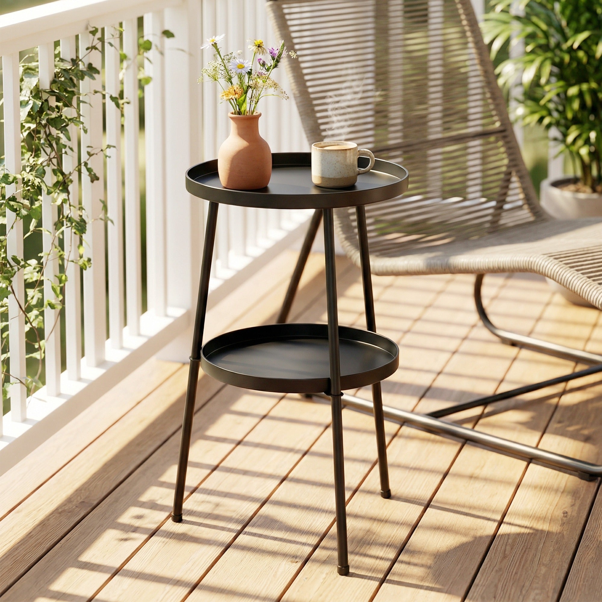 Outsunny Patio Side Table, 2-Tier Round Coffee End Table for Garden Balcony Living Room Bedroom, Black 