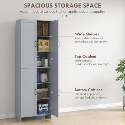HOMCOM Freestanding Kitchen Cupboard, 4-Door Storage Cabinet Organizer with Adjustable Shelves Grey 