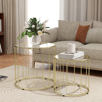 HOMCOM Round Coffee Table Set of 2, Glass Nest of Tables with Metal Frame and Tempered Glass Tabletop, Modern Side Tables for Living Room, Gold Tone 