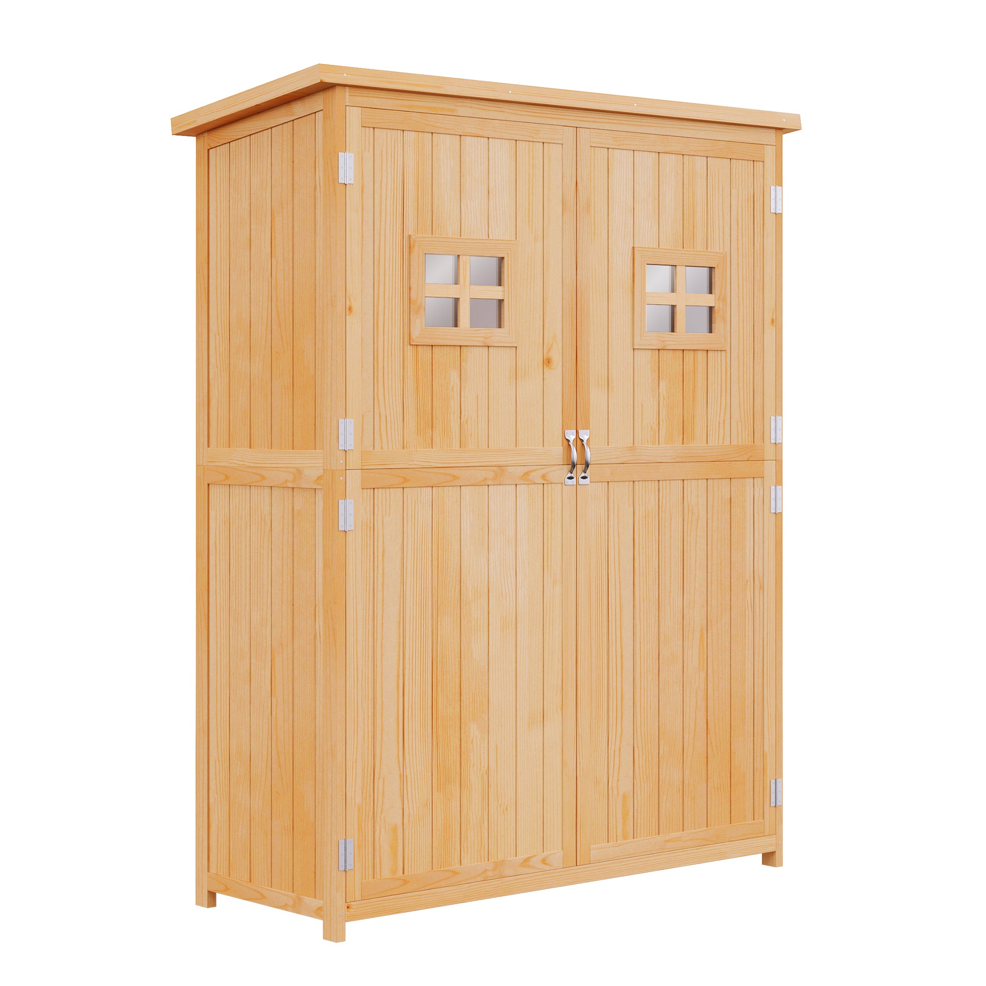 Outsunny Wooden Garden Shed with Two Windows, Tool Storage Cabinet, Outdoor Double Door Organizer 127.5L x 50W x 164H cm, Natural 