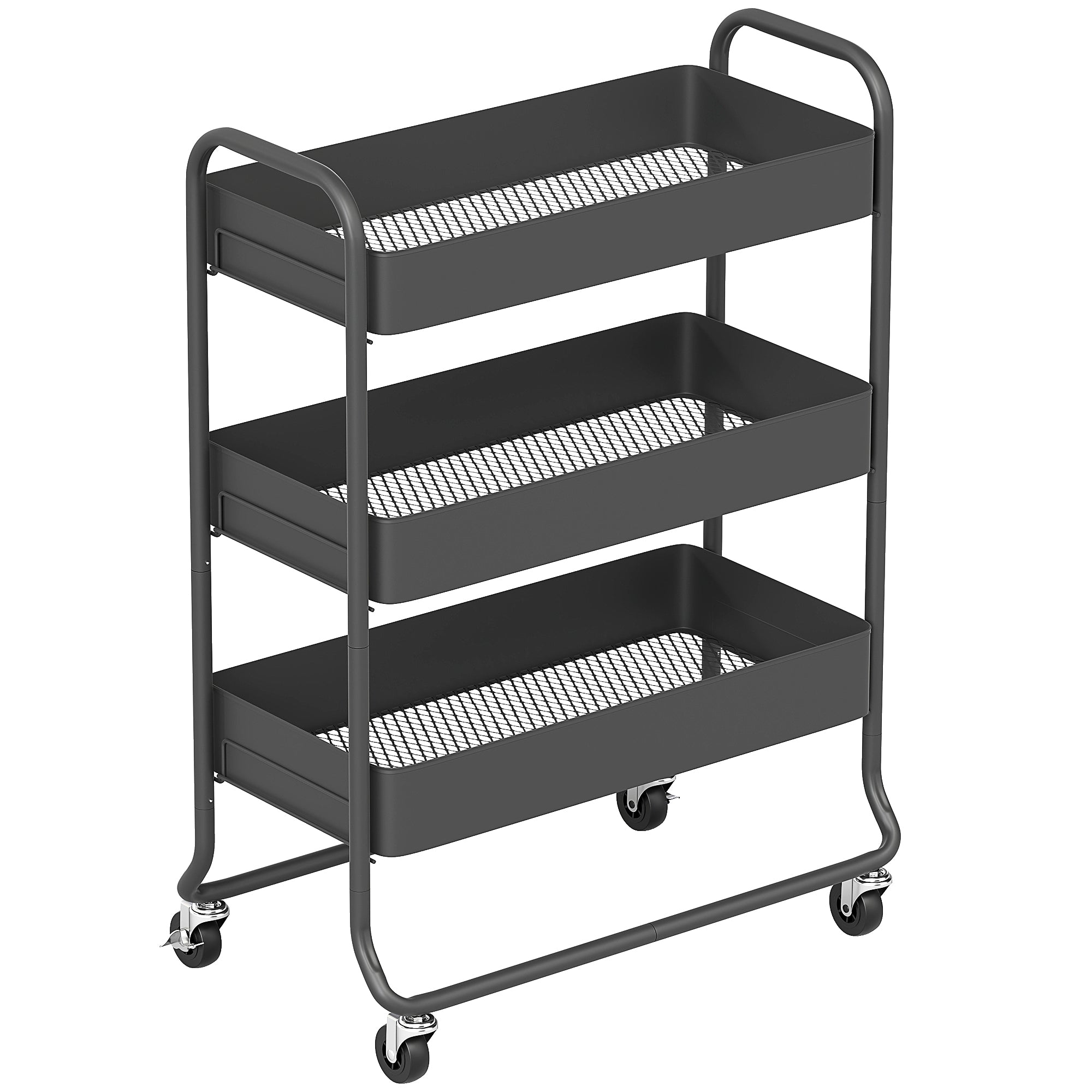 HOMCOM 3-Tier Storage Trolley on Wheels, Rolling Utility Cart with Mesh Backets for Kitchen, Bathroom, Bedroom, Black 