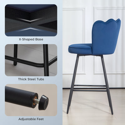 HOMCOM Set of Two Velvet-Feel Lotus Bar Stools - Dark Blue 