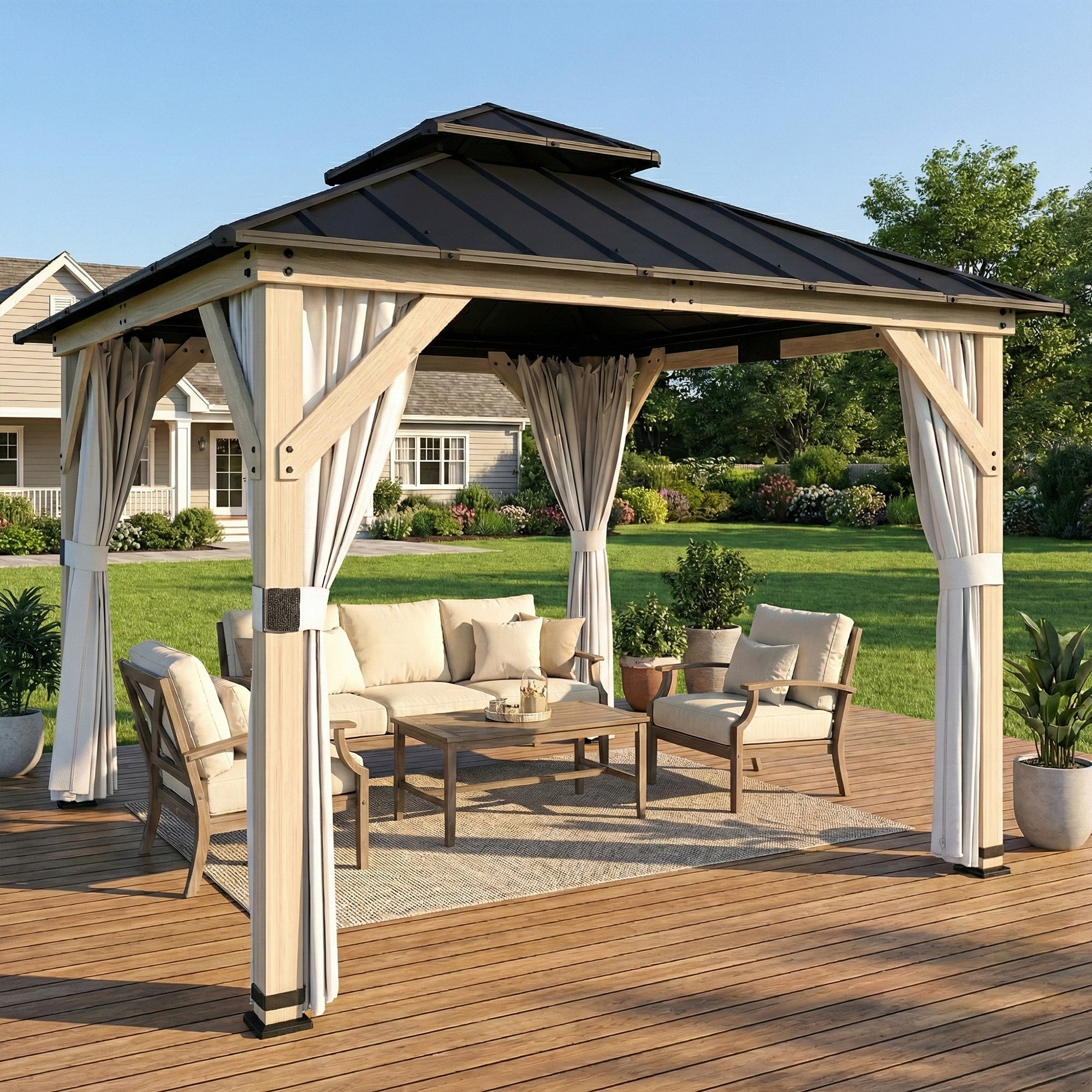 Outsunny 3 x 3 m Outdoor Hardtop Gazebo Canopy with 2-Tier Steel Roof, Wood Garden Gazebo with Curtains, Light Grey 
