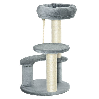 PawHut 65cm Cat Tree, Cat Tower for Kittens, Small Cat Condo with Sisal Scratching Posts, Hanging Rope, Perches - Grey 