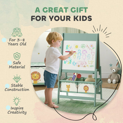 AIYAPLAY Art Easel for Kids, Double-Sided Whiteboard/Blackboard with Paper Roll, Two Storage Boxes, for Ages 3-8 Years, Green 