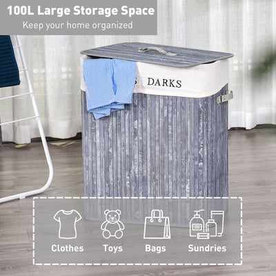HOMCOM 100L Collapsible Natural Wood  Laundry Hamper Organizer Clothes Washing Basket Bin Storage Box w/Lid Removable Lining 52x32x63cm, Grey 