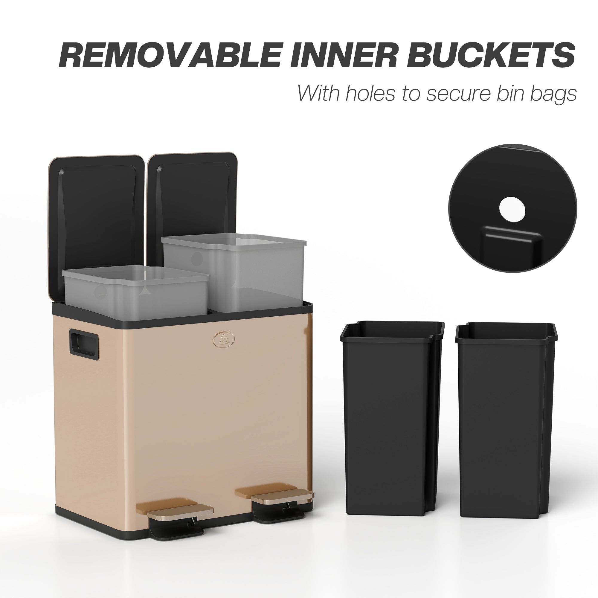 HOMCOM 30L Dual Compartment Stainless Steel Bin, with Deodoriser Holders - Gold Tone 