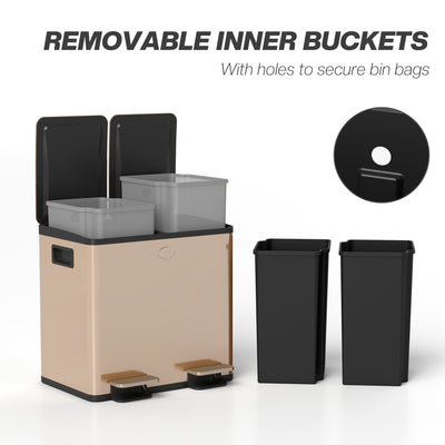 HOMCOM 30L Dual Compartment Stainless Steel Bin, with Deodoriser Holders - Gold Tone 