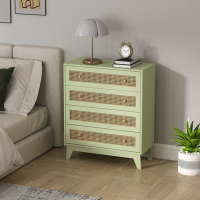 HOMCOM Chest of Drawers, 4-Drawer Storage Organiser Unit with Rattan Element for Bedroom, Living Room, Light Green 