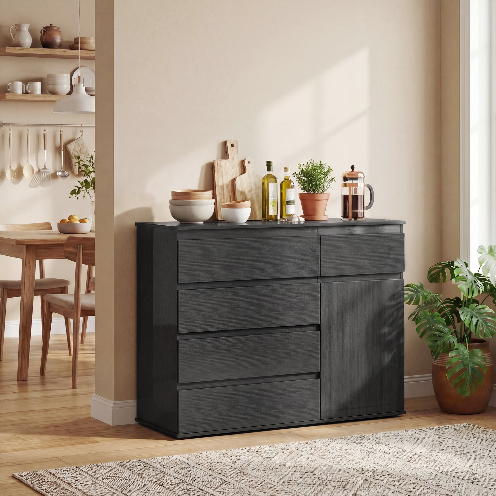 HOMCOM Modern Chest Of Drawers, 5 Drawer Dresser with Adjustable Shelf, Soft-Close Door, Black 