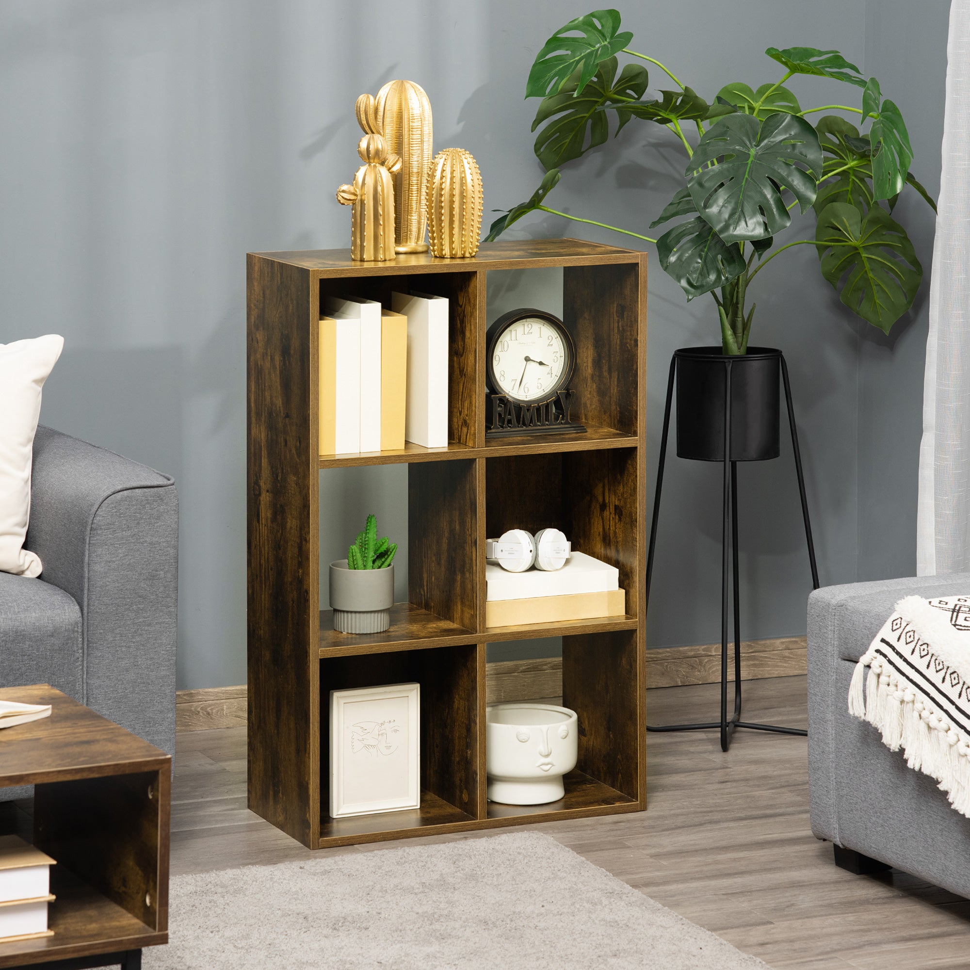 HOMCOM Industrial Style Storage Shelf, Bookcase, Bookshelf with 6 Compartments, Freestanding Shelving Unit for Living Room, Home Study, Rustic Brown 