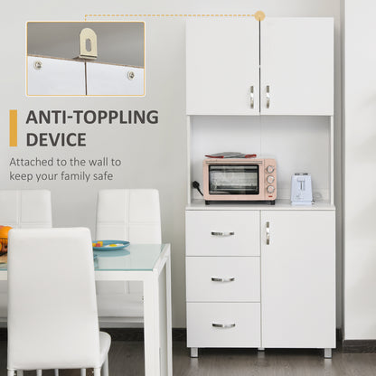 HOMCOM Free standing Kitchen Cupboard, Storage Cabinet with Doors and Sheleves, 3 drawers and Open Space, Adjustable Height Storage Unit, White 