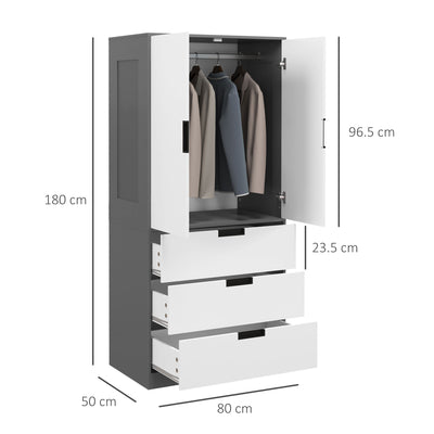 HOMCOM 2 Door Wardrobe, Modern Wardrobe with 3 Drawers and Hanging Rod for Bedroom, Grey 