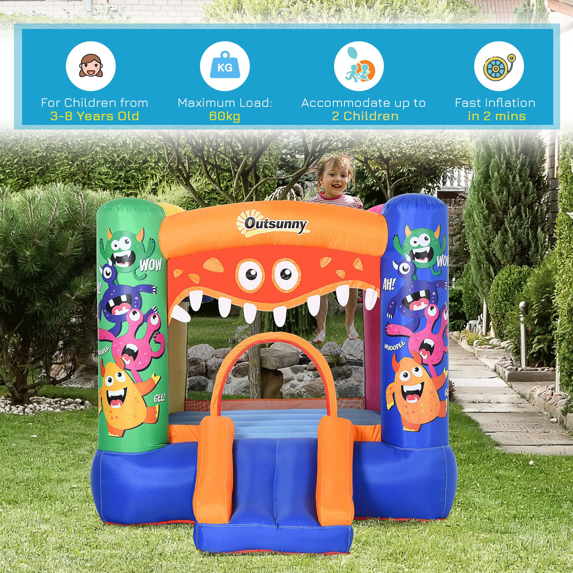 Outsunny Bouncy Castle Inflatable Basket Trampoline Slide Monster Design 180 x 250 x 175 (CM) 