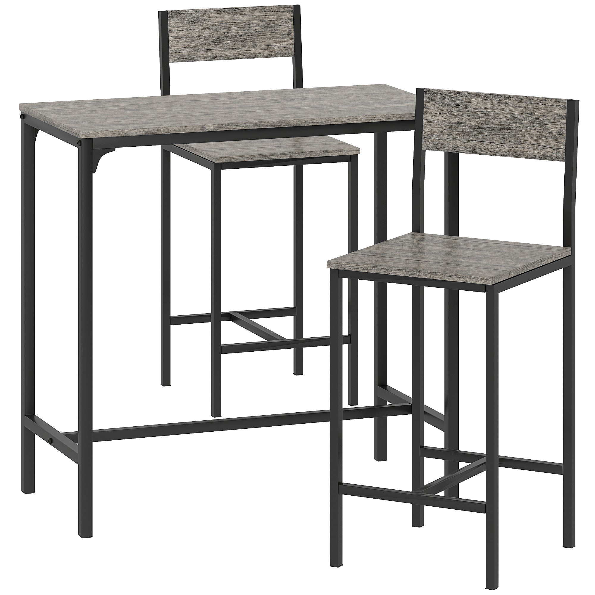 HOMCOM 3-Piece Bar Table Set with 2 Stools, Industrial Breakfast Bar Set with Footrest, Backrest for Dining Room, Small Space 