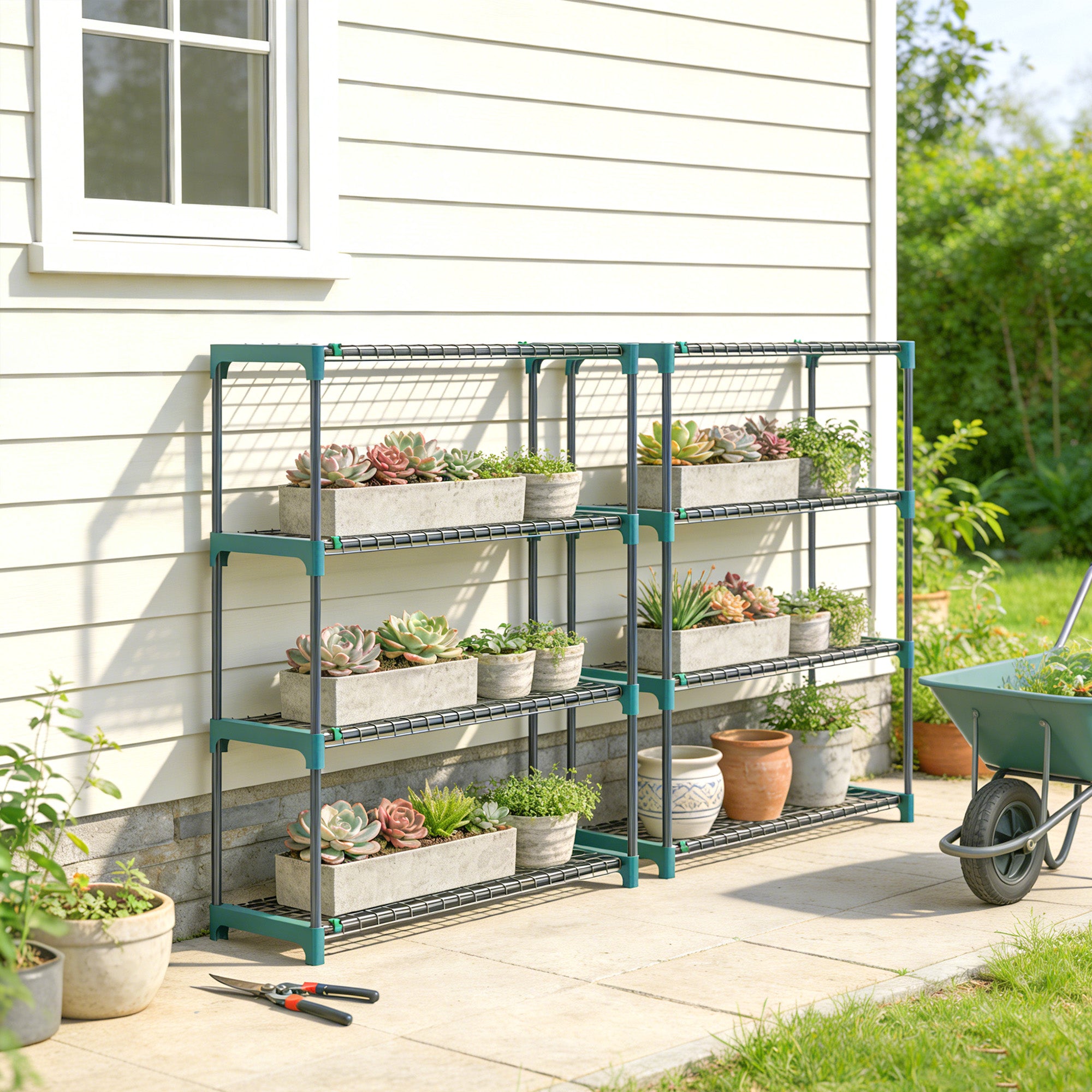 Outsunny 4-Tier Plant Stand Indoor Outdoor, Set of 2 Metal Plant Shelf with Rack Buckles for Easy Assembly, Flower Display Rack 