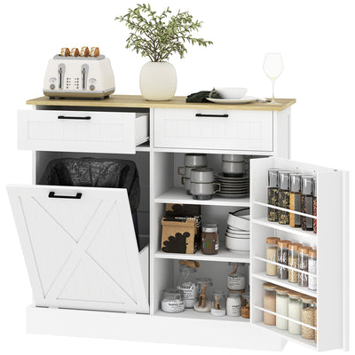 HOMCOM Sideboard with Tilt-out Trash Bin, Farmhouse Kitchen Sideboard with 2 Drawers, Adjustable Shelves, Door Racks, White 