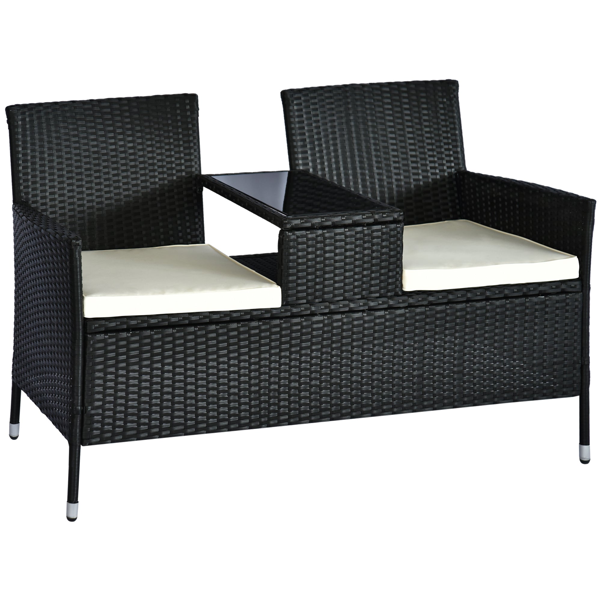 Outsunny 2 Seater Rattan Campanion Chair Wicker Loveseat Outdoor Patio Armchair with Drink Table Garden Furniture - Black 