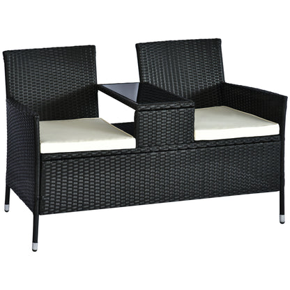 Outsunny 2 Seater Rattan Campanion Chair Wicker Loveseat Outdoor Patio Armchair with Drink Table Garden Furniture - Black 