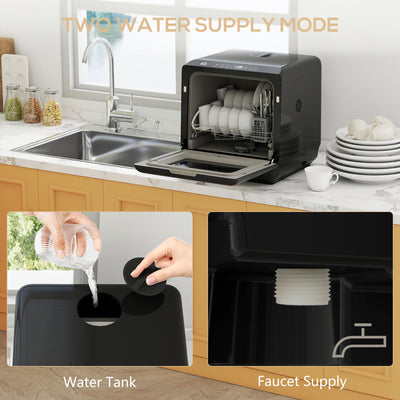 HOMCOM Table Top Dishwasher, Mini Countertop Dishwasher with Built-in 6L Water Tank, 6 Programs, Touch Control, LED Display, 4 Place Settings, Dual Water Supply and Air Drying Function, White 