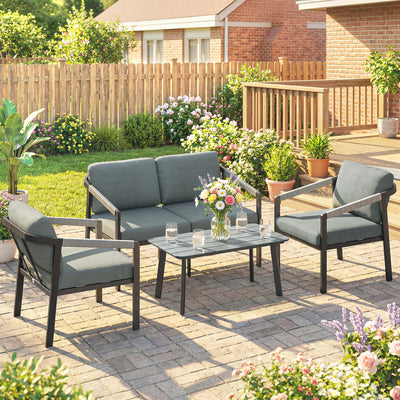 Outsunny Aluminium Garden Furniture Set, 4 Seater Outdoor Patio Furniture with Loveseat, 2 Armchairs, Slatted Table 