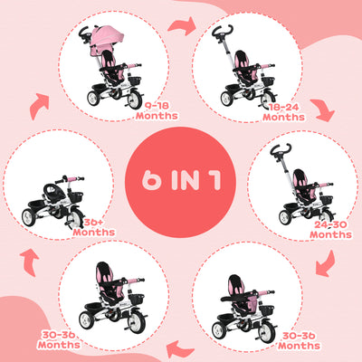 HOMCOM Metal Frame 6 in 1 Baby Push Tricycle with Parent Handle for 1-5 Years Old, Pink 