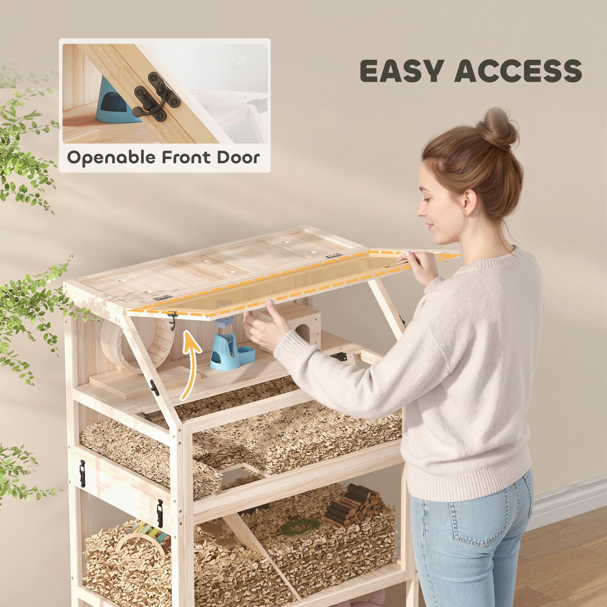 PawHut Wooden Hamster Cage with Detachable Lower Floor, Storage Shelf, Hut, Seesaw, Exercise Wheel, Ramps for Hamster 