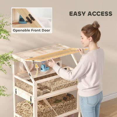 PawHut Wooden Hamster Cage with Detachable Lower Floor, Storage Shelf, Hut, Seesaw, Exercise Wheel, Ramps for Hamster 
