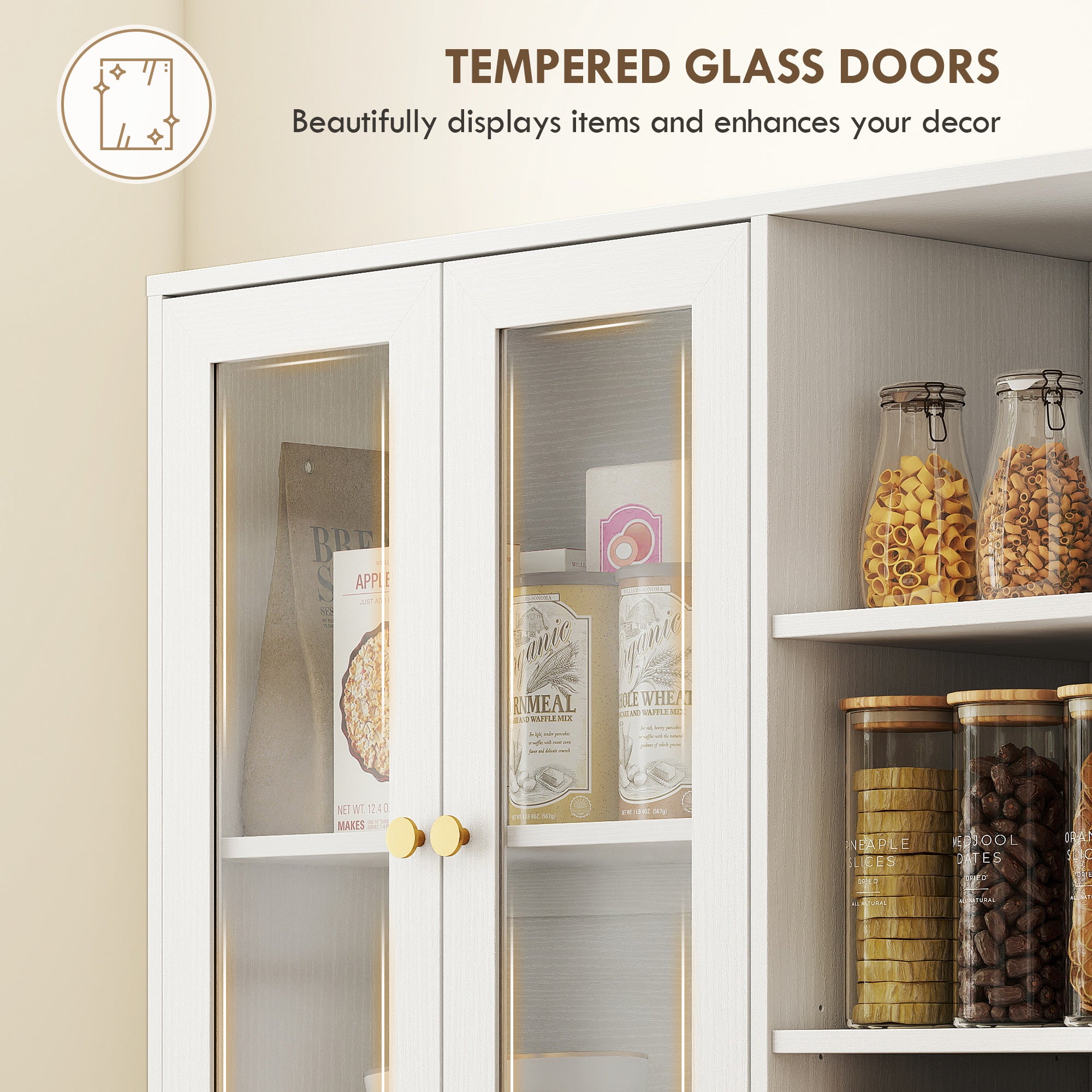 HOMCOM Multi-Storage Kitchen Cabinet, with Glass Doors - White Wood-Effect 