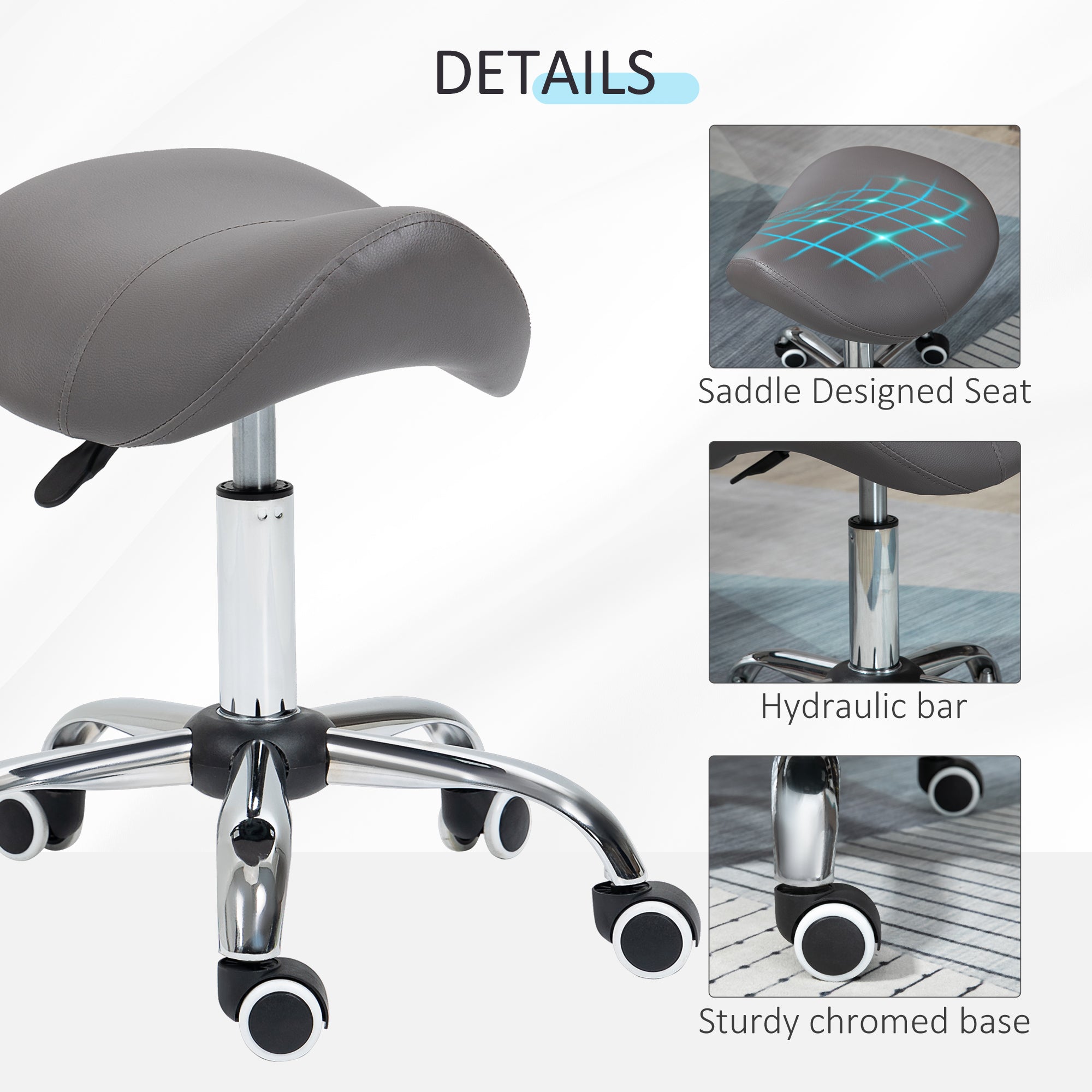 HOMCOM Cosmetic Stool 360\'c2\'b0 Rotate Height Adjustable Salon Massage Spa Chair Hydraulic Rolling Faux Leather Saddle Stool, Grey