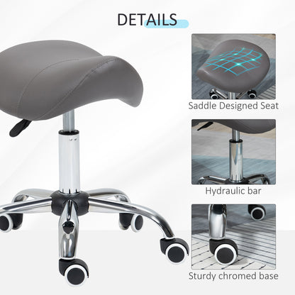 HOMCOM Cosmetic Stool 360\'c2\'b0 Rotate Height Adjustable Salon Massage Spa Chair Hydraulic Rolling Faux Leather Saddle Stool, Grey