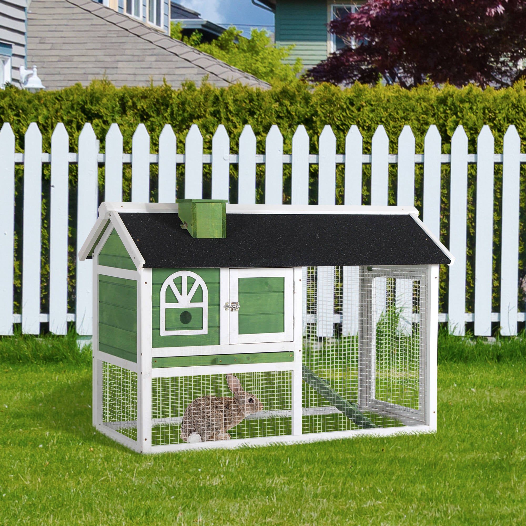 PawHut Wooden Rabbit Hutch and Run with Sliding Tray, Ramp, Water-resistant Roof, for 2-4 Rabbits, Green 