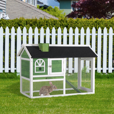 PawHut Wooden Rabbit Hutch and Run with Sliding Tray, Ramp, Water-resistant Roof, for 2-4 Rabbits, Green 