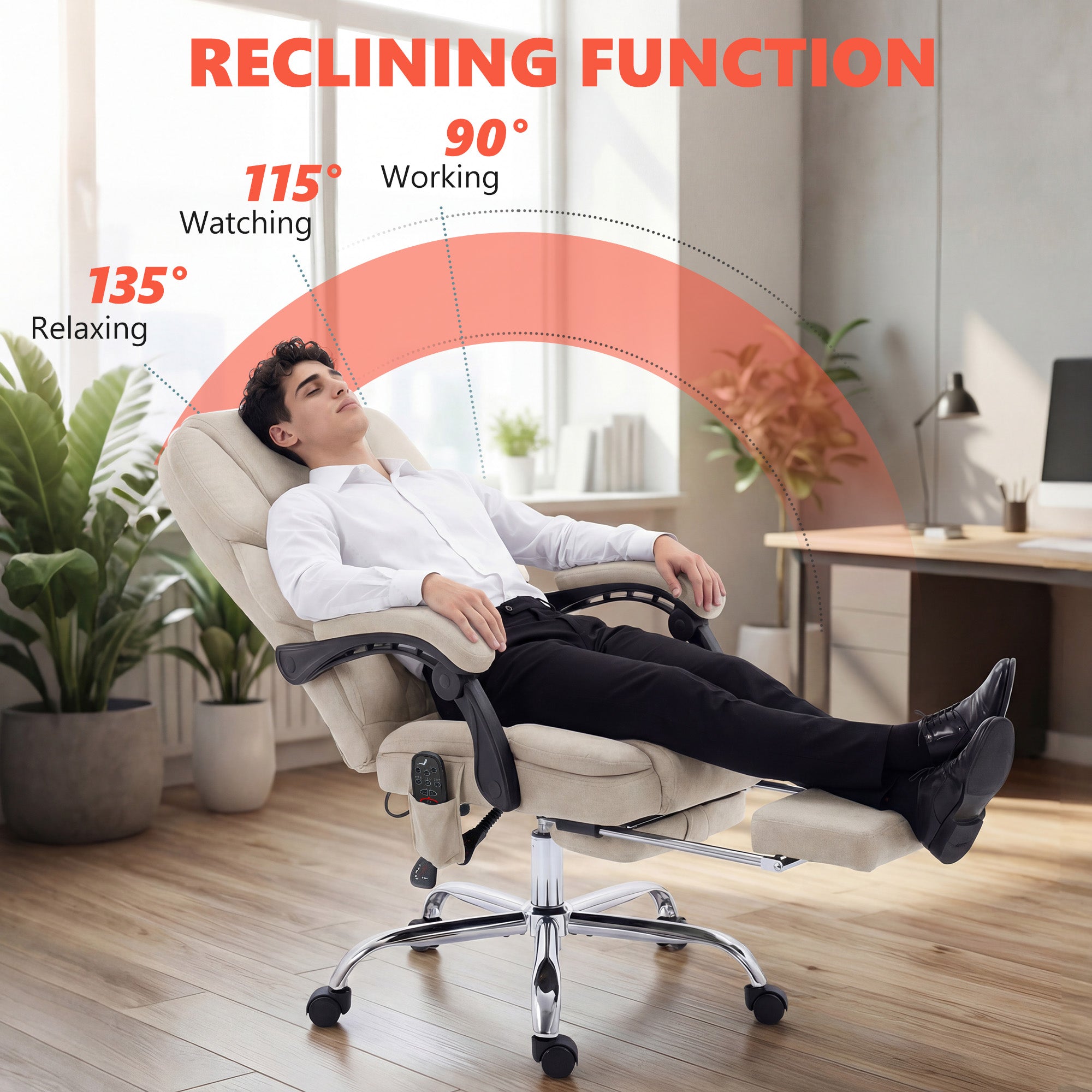 HOMCOM Office Chair with 6-point Vibration Massage and Heat, Fabric Desk Chair with Footrest, High Back, Cream White 