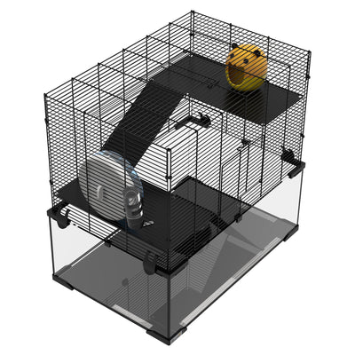 PawHut 3 Tiers Hamster Cage, Gerbil Cage with Deep Glass Bottom, Non-Slip Ramps, Platforms, Hut, Exercise Wheels, Water Bottle, Dish, for Syrian Hamster, Dwarf Hamster, 60 x 40 x 57cm 