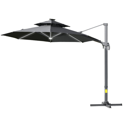 Outsunny 3m Cantilever Parasol w/ Solar Lights Power Bank Base 360° Spin Dark Grey 